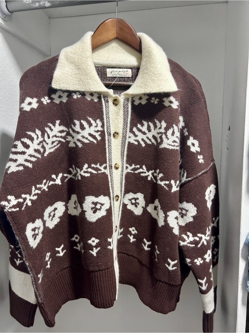 Free people L NWT chocolate brown Shelby Floral Jacquard cardigan